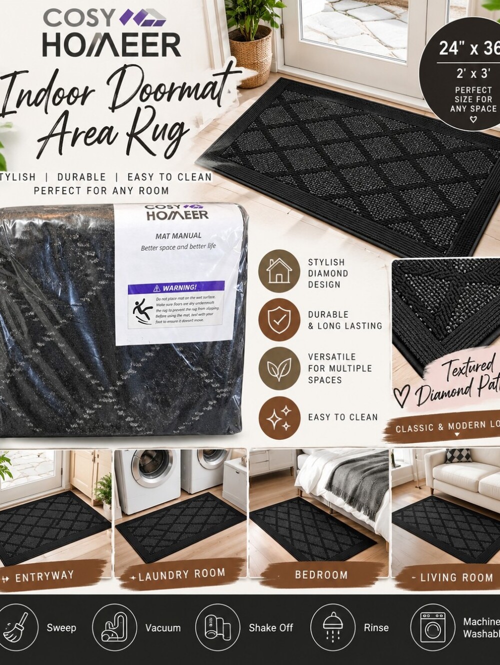COSY HOMEER Black Diamond Indoor Doormat Area Rug 24x36 New